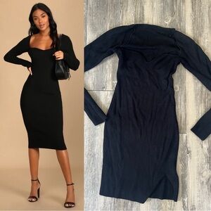 J.ING Black Sculpted Ribbed Long Sleeve Midi Dress